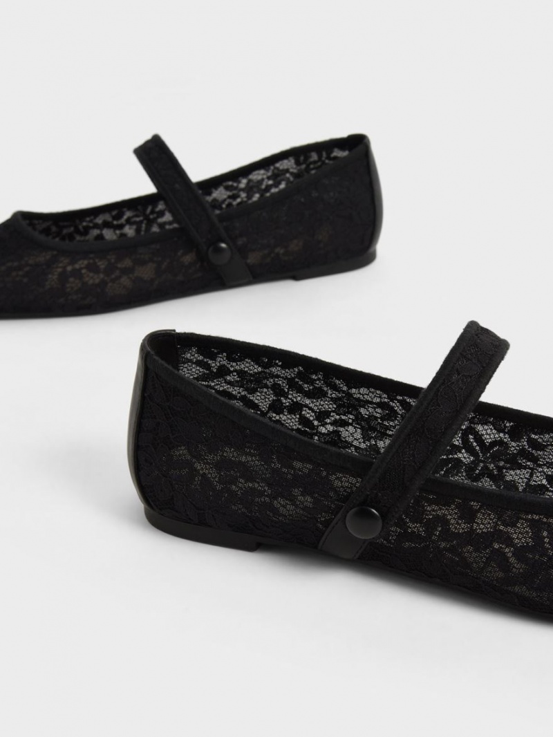 Charles And Keith Lace & Mesh Mary Jane Ballet Flats Black | PHILIPPINES J428