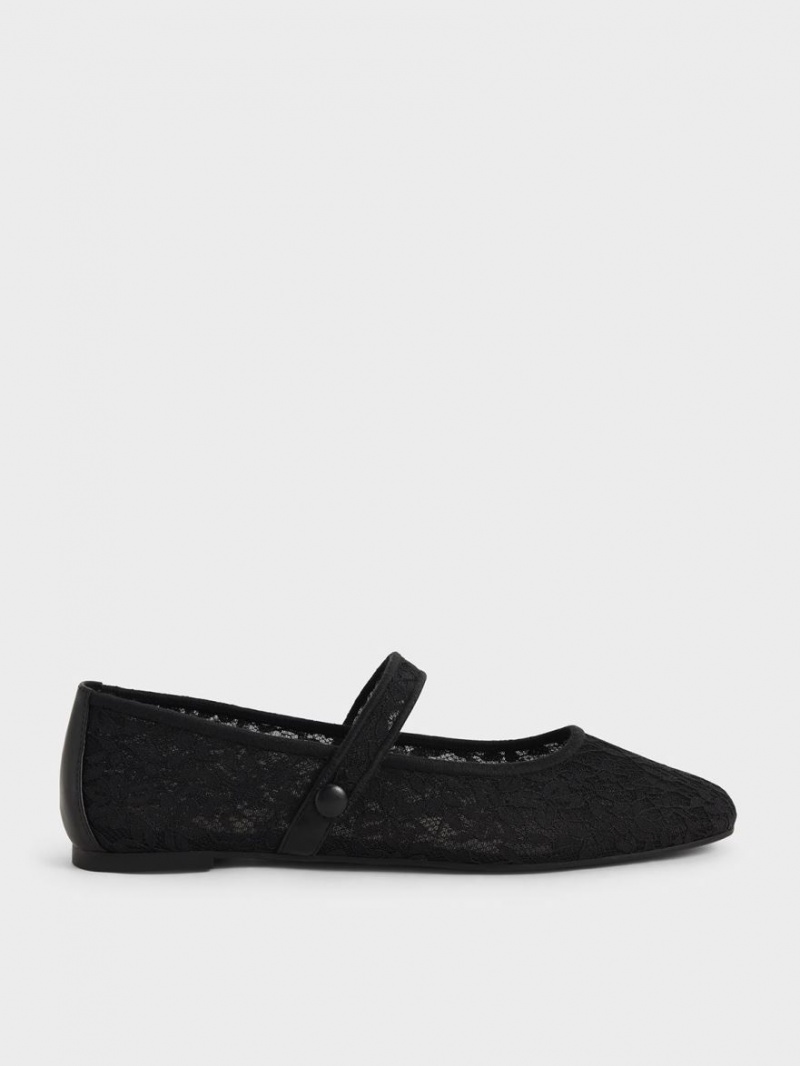 Charles And Keith Lace & Mesh Mary Jane Ballet Flats Black | PHILIPPINES J428