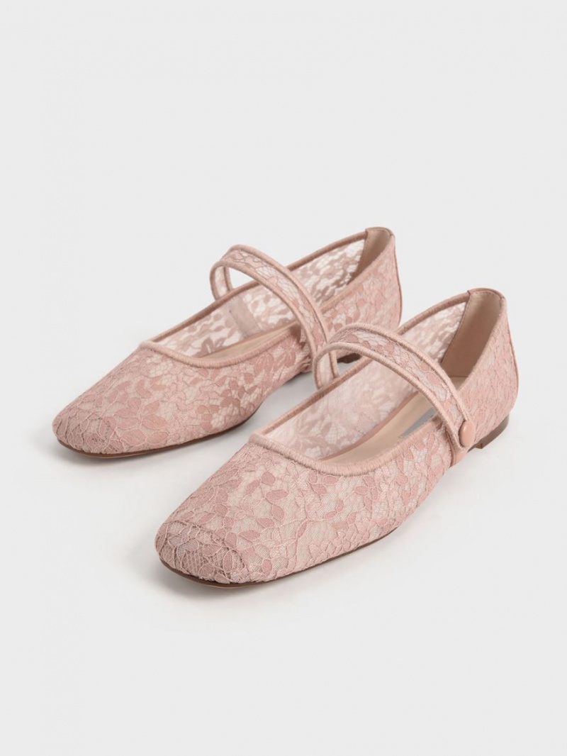 Charles And Keith Lace & Mesh Mary Jane Ballet Flats Pink | PHILIPPINES G246