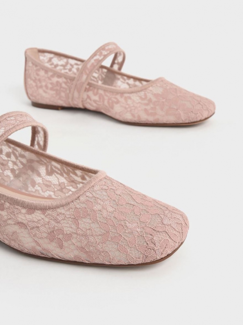 Charles And Keith Lace & Mesh Mary Jane Ballet Flats Pink | PHILIPPINES G246