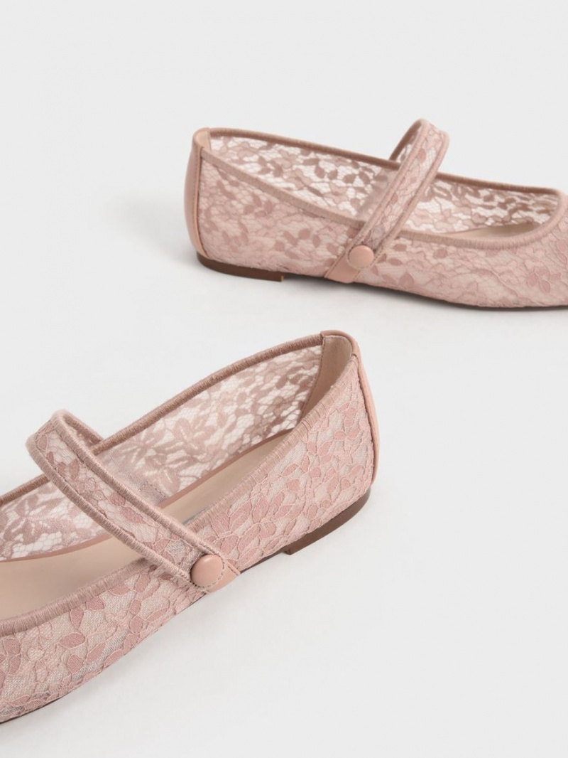 Charles And Keith Lace & Mesh Mary Jane Ballet Flats Pink | PHILIPPINES G246