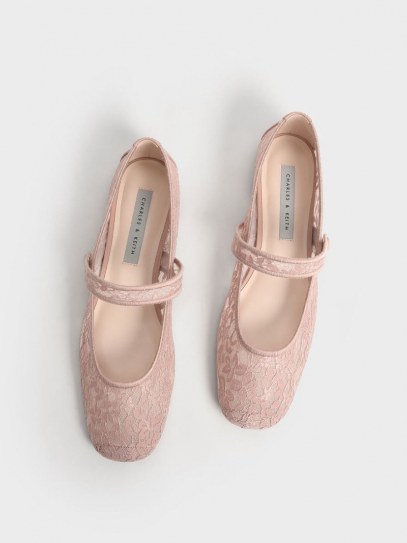 Charles And Keith Lace & Mesh Mary Jane Ballet Flats Pink | PHILIPPINES G246