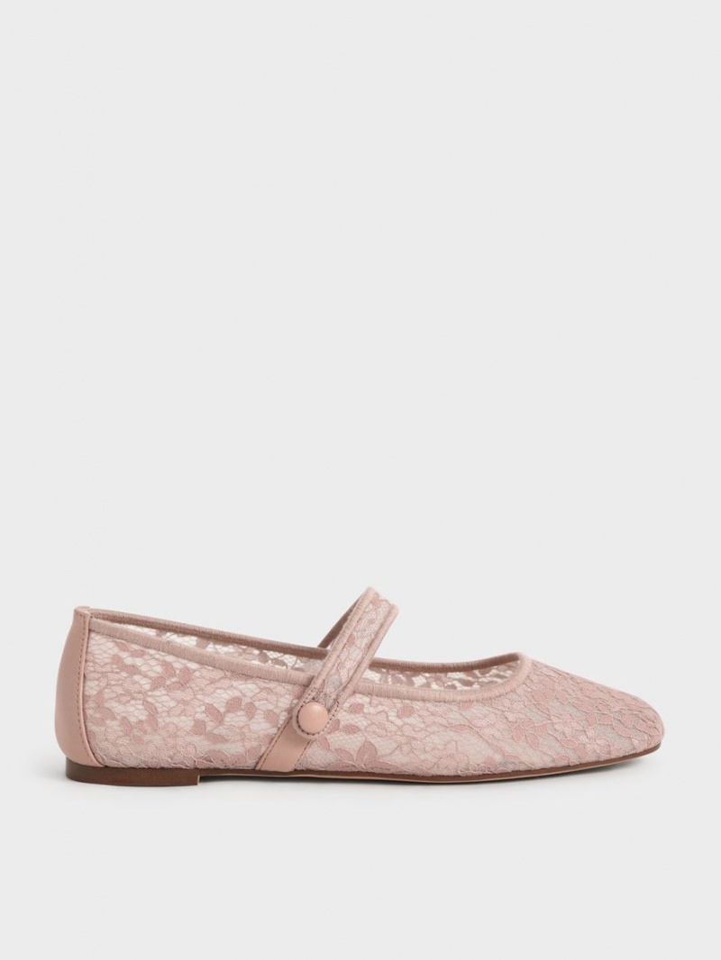 Charles And Keith Lace & Mesh Mary Jane Ballet Flats Pink | PHILIPPINES G246