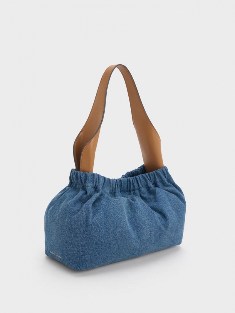 Charles And Keith Large Ally Denim Ruched Slouchy Tote Bags Blue | PHILIPPINES S845