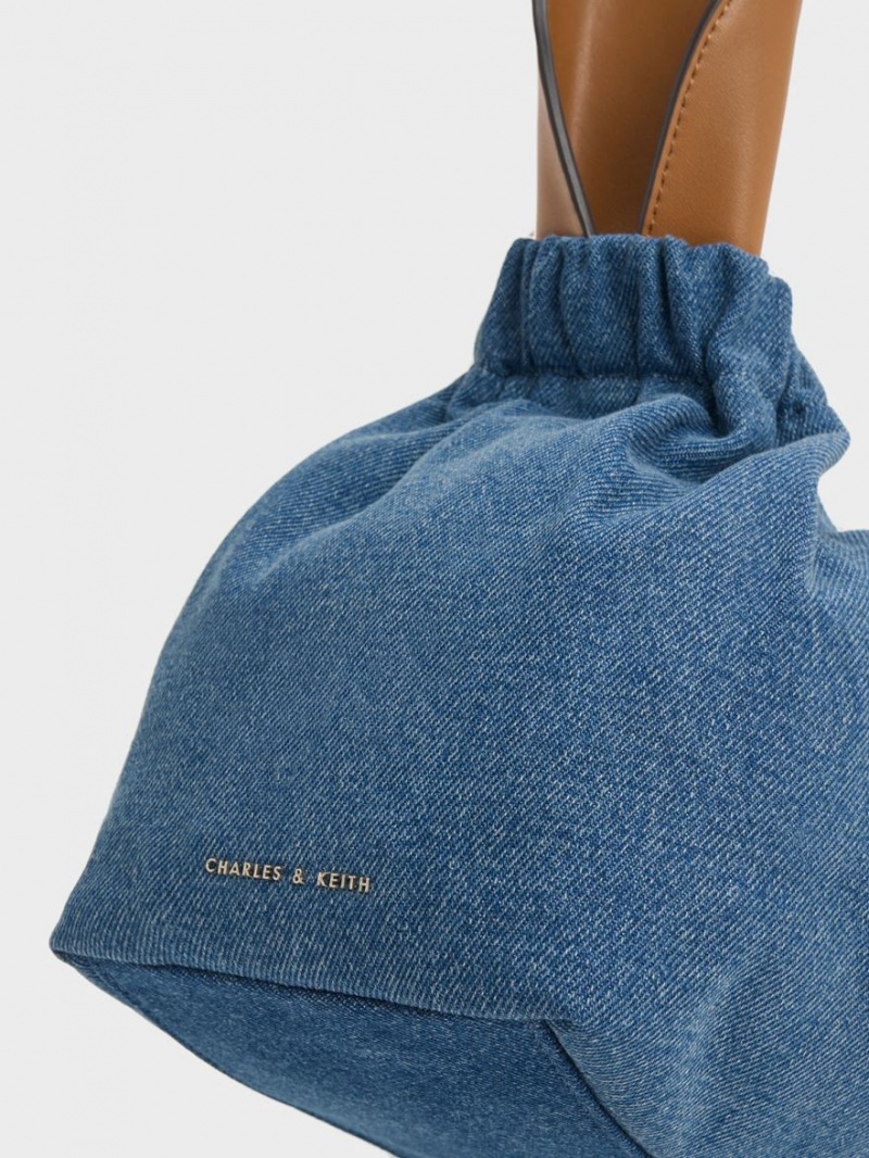 Charles And Keith Large Ally Denim Ruched Slouchy Tote Bags Blue | PHILIPPINES S845