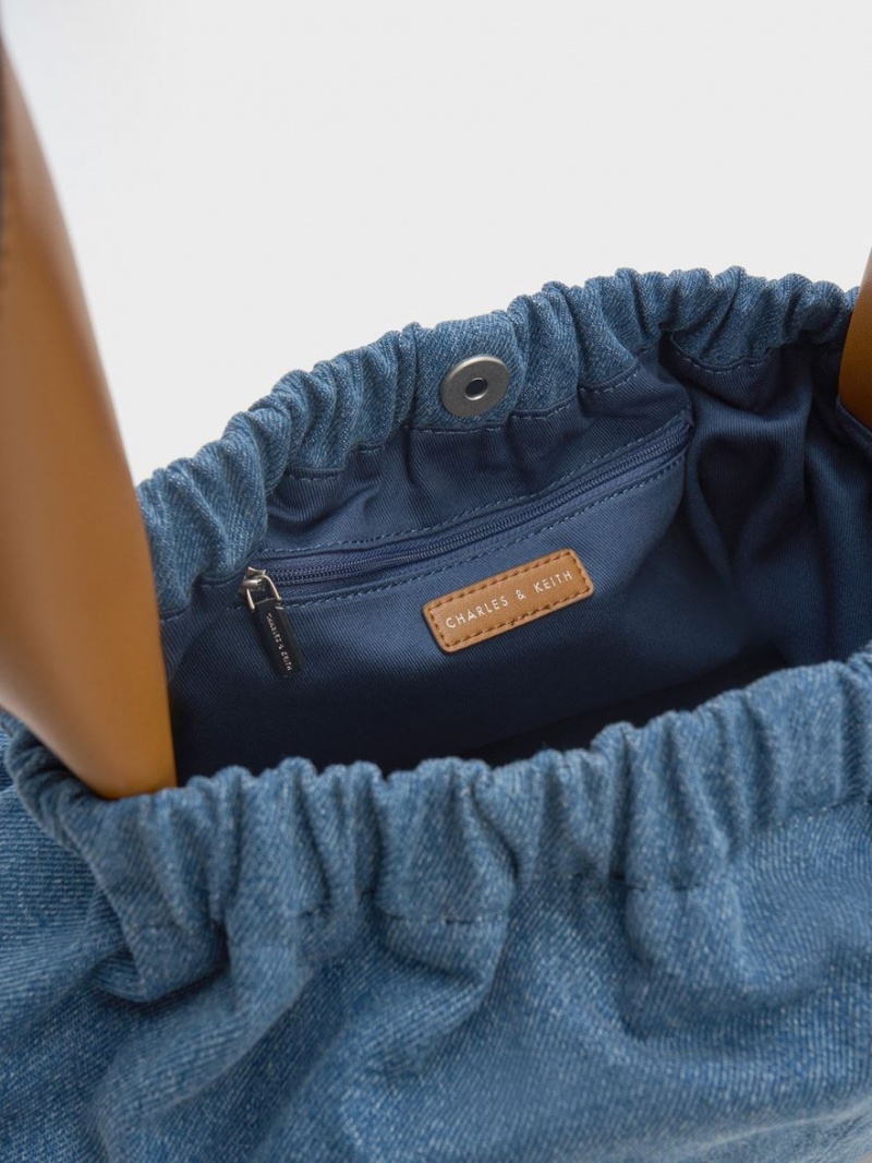 Charles And Keith Large Ally Denim Ruched Slouchy Tote Bags Blue | PHILIPPINES S845