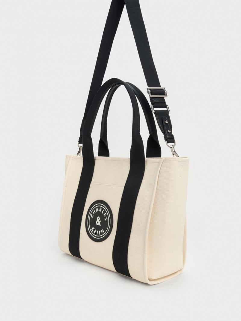 Charles And Keith Large Kay Canvas Contrast-Trim Tote Bags Beige | PHILIPPINES K762