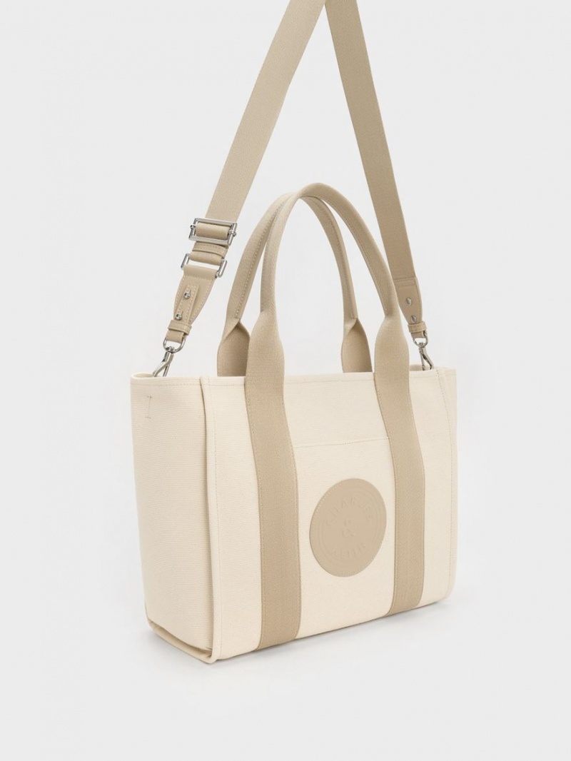 Charles And Keith Large Kay Canvas Contrast-Trim Tote Bags Beige | PHILIPPINES A341