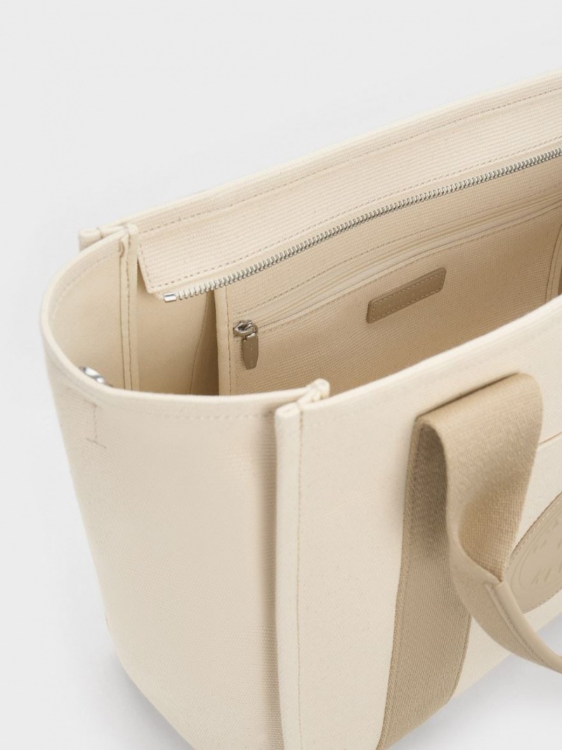 Charles And Keith Large Kay Canvas Contrast-Trim Tote Bags Beige | PHILIPPINES A341