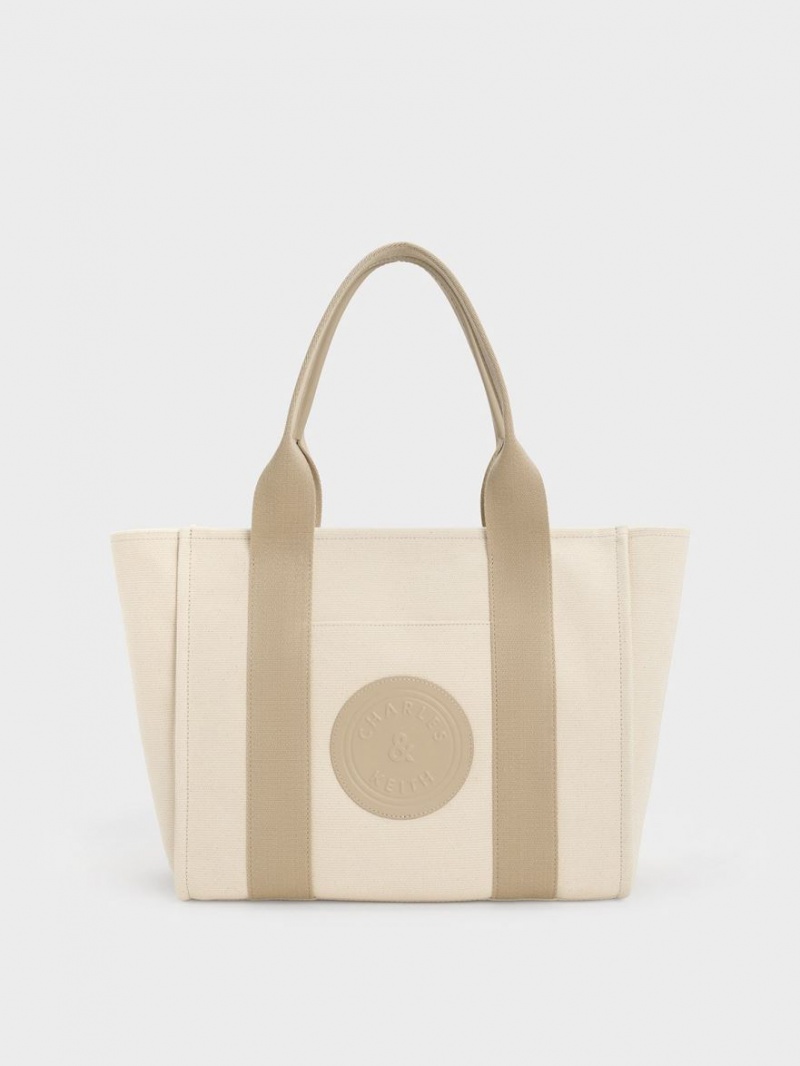 Charles And Keith Large Kay Canvas Contrast-Trim Tote Bags Beige | PHILIPPINES A341