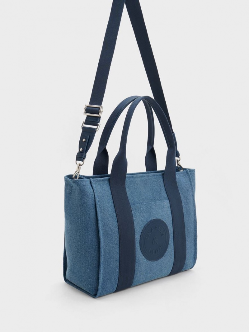 Charles And Keith Large Kay Denim Contrast-Trim Tote Bags Blue | PHILIPPINES H589