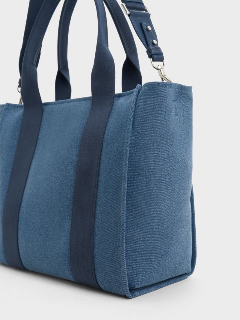 Charles And Keith Large Kay Denim Contrast-Trim Tote Bags Blue | PHILIPPINES H589