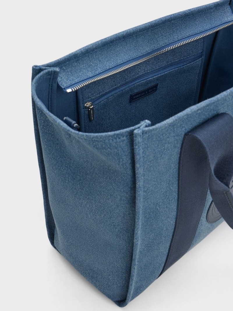 Charles And Keith Large Kay Denim Contrast-Trim Tote Bags Blue | PHILIPPINES H589