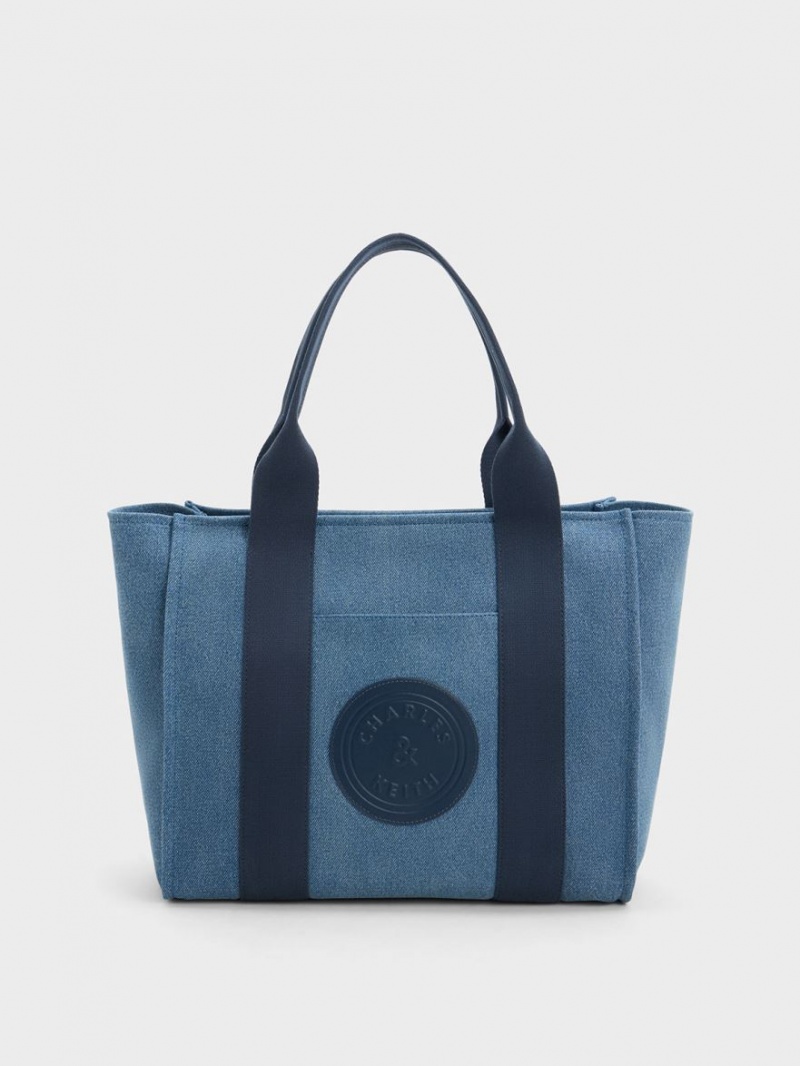 Charles And Keith Large Kay Denim Contrast-Trim Tote Bags Blue | PHILIPPINES H589