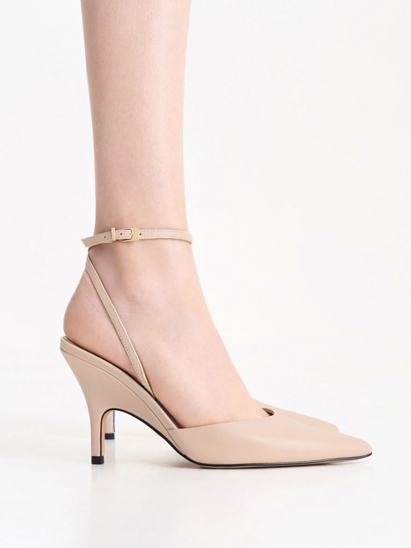 Charles And Keith Leather Ankle Strap Pumps Beige | PHILIPPINES R036