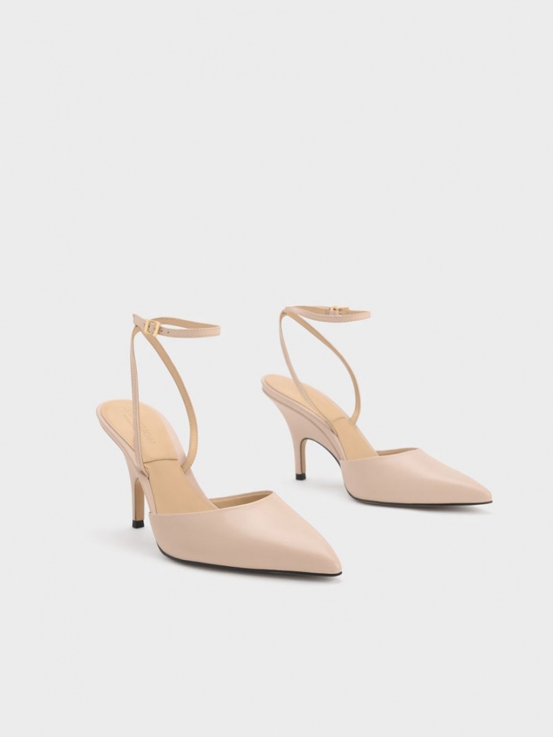 Charles And Keith Leather Ankle Strap Pumps Beige | PHILIPPINES R036