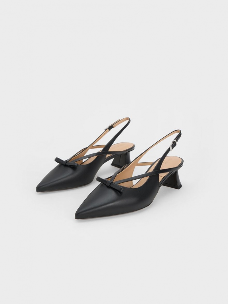 Charles And Keith Leather Bow Strappy Slingback Pumps Black | PHILIPPINES B672