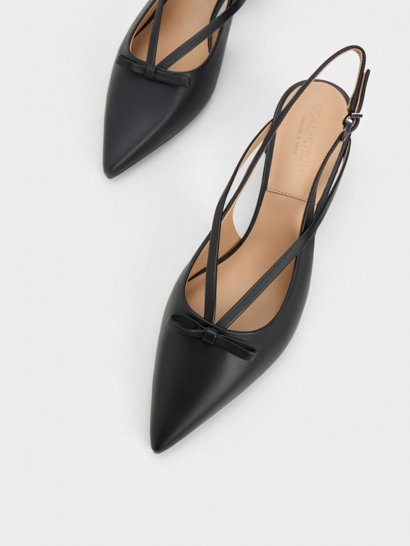 Charles And Keith Leather Bow Strappy Slingback Pumps Black | PHILIPPINES B672