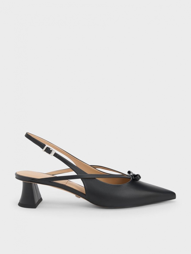 Charles And Keith Leather Bow Strappy Slingback Pumps Black | PHILIPPINES B672