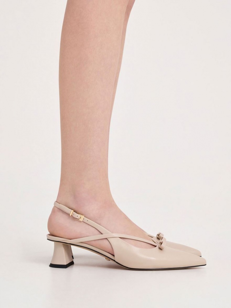 Charles And Keith Leather Bow Strappy Slingback Pumps Beige | PHILIPPINES X836