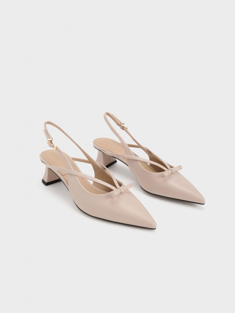 Charles And Keith Leather Bow Strappy Slingback Pumps Beige | PHILIPPINES X836