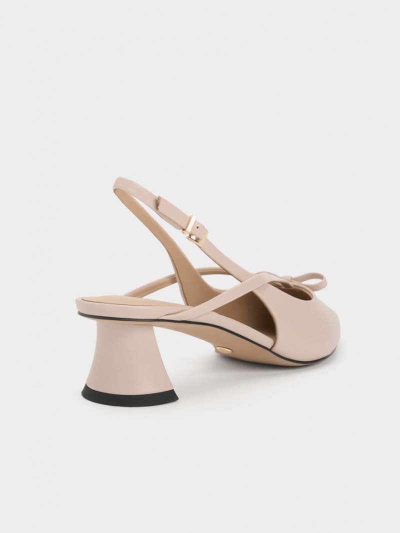 Charles And Keith Leather Bow Strappy Slingback Pumps Beige | PHILIPPINES X836