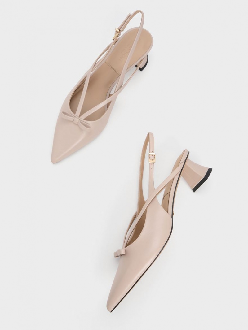 Charles And Keith Leather Bow Strappy Slingback Pumps Beige | PHILIPPINES X836