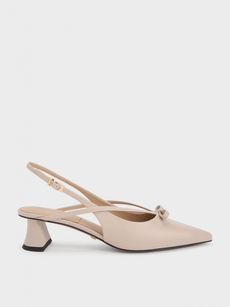 Charles And Keith Leather Bow Strappy Slingback Pumps Beige | PHILIPPINES X836