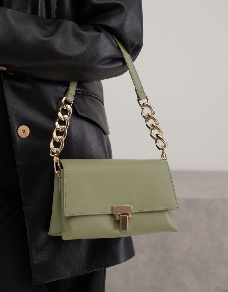 Charles And Keith Leather Chain Strap Shoulder Bags Olive | PHILIPPINES G534