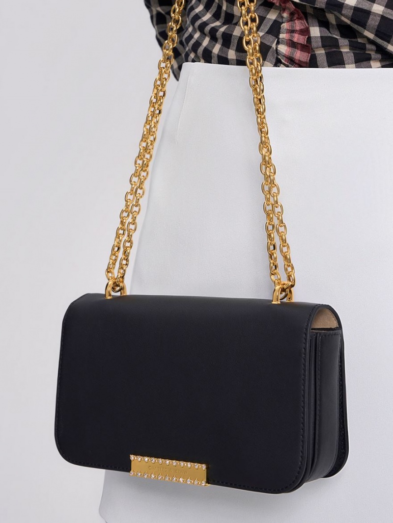 Charles And Keith Leather Chain Strap Shoulder Bags Black | PHILIPPINES S610