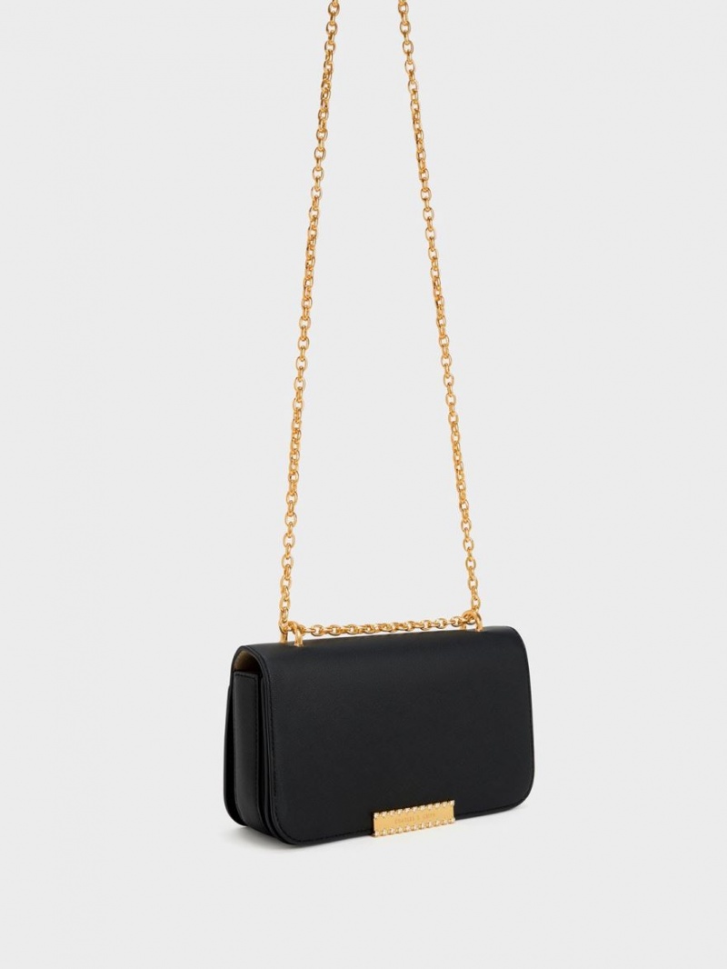 Charles And Keith Leather Chain Strap Shoulder Bags Black | PHILIPPINES S610