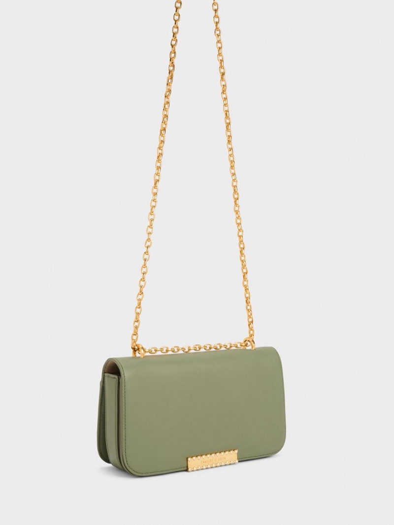 Charles And Keith Leather Chain Strap Shoulder Bags Olive | PHILIPPINES E439