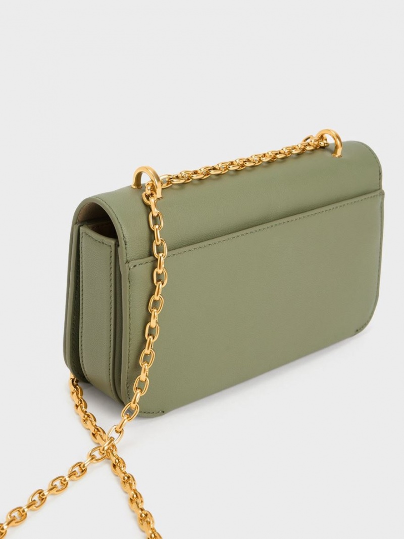 Charles And Keith Leather Chain Strap Shoulder Bags Olive | PHILIPPINES E439