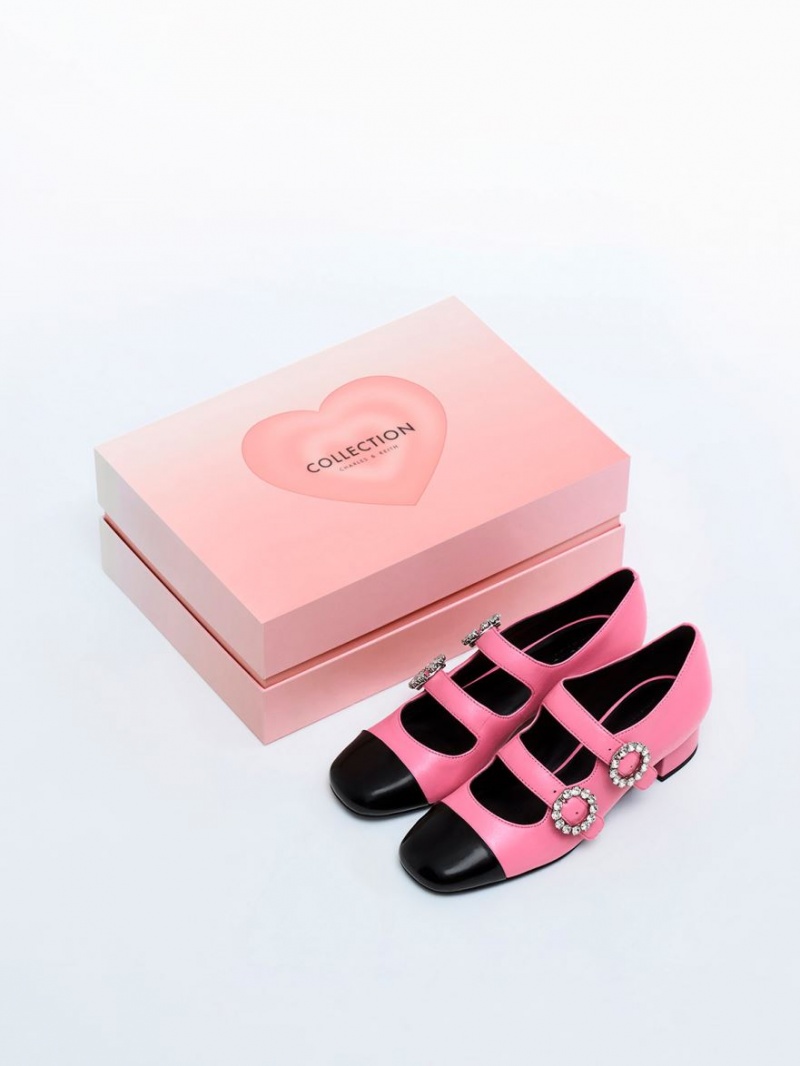 Charles And Keith Leather Double-Buckle Crystal-Embellished Mary Jane Shoes Pink | PHILIPPINES E642