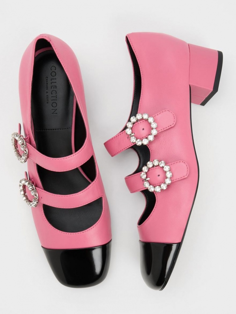 Charles And Keith Leather Double-Buckle Crystal-Embellished Mary Jane Shoes Pink | PHILIPPINES E642