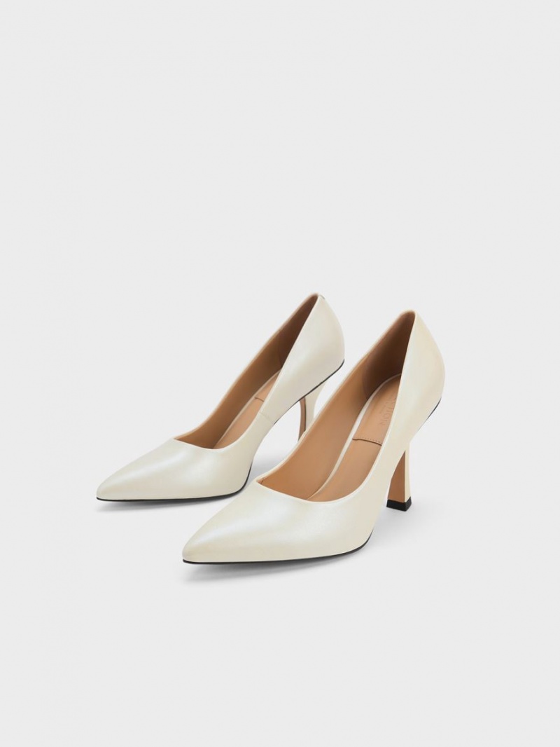 Charles And Keith Leather Flare Heel Pumps White | PHILIPPINES O972