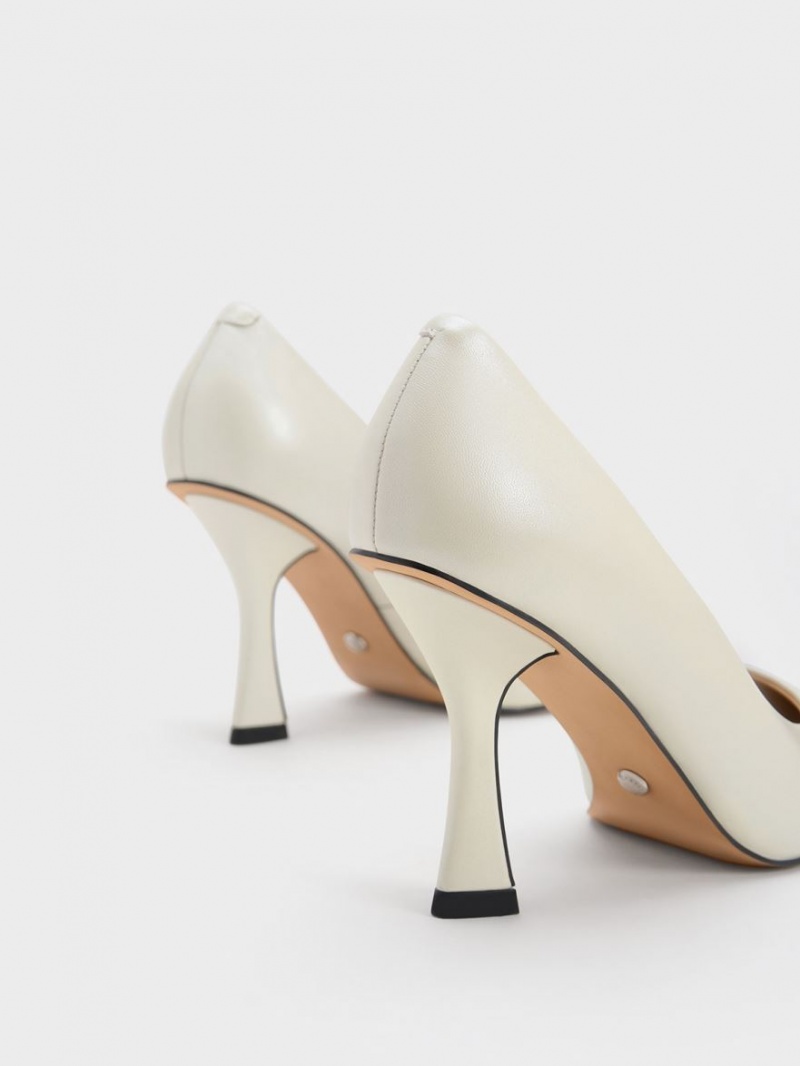 Charles And Keith Leather Flare Heel Pumps White | PHILIPPINES O972