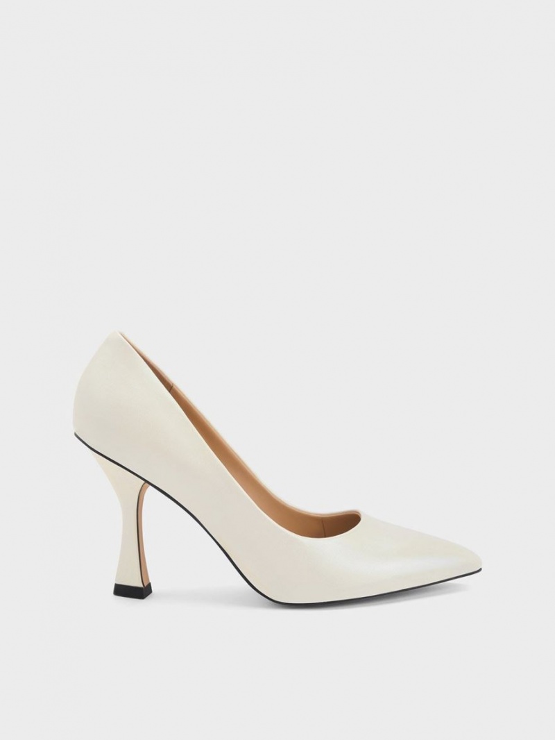 Charles And Keith Leather Flare Heel Pumps White | PHILIPPINES O972