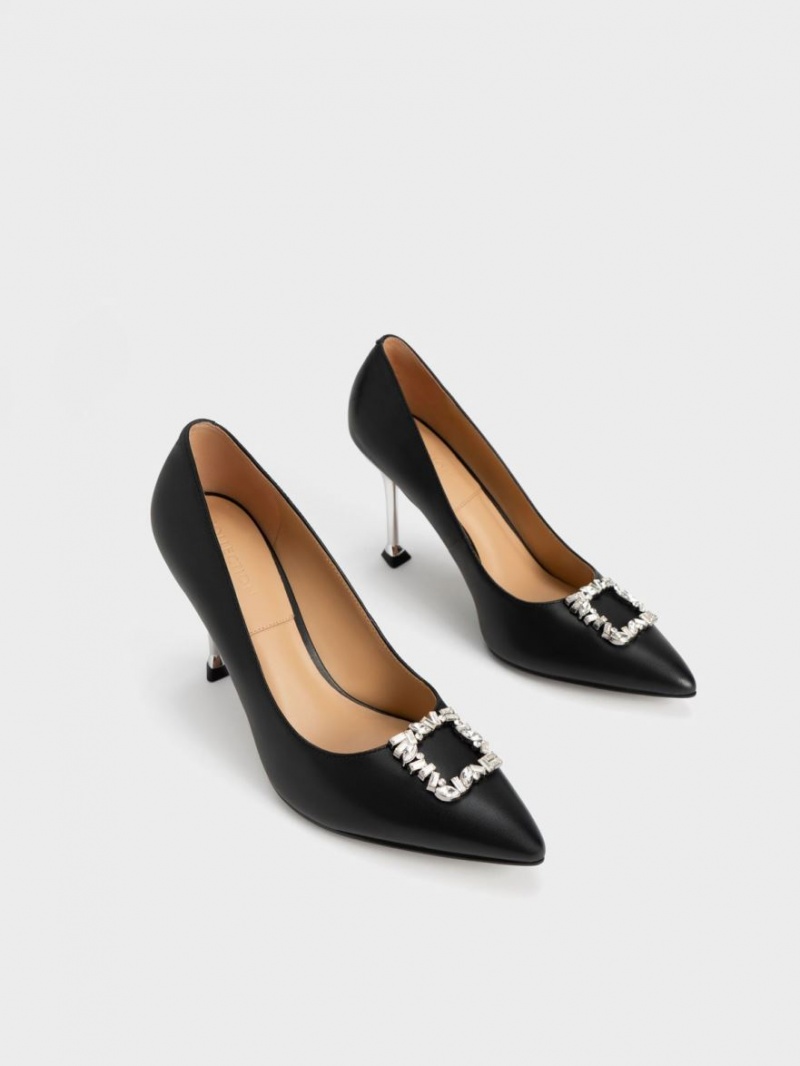 Charles And Keith Leather Gem-Embellished Pumps Black | PHILIPPINES O360