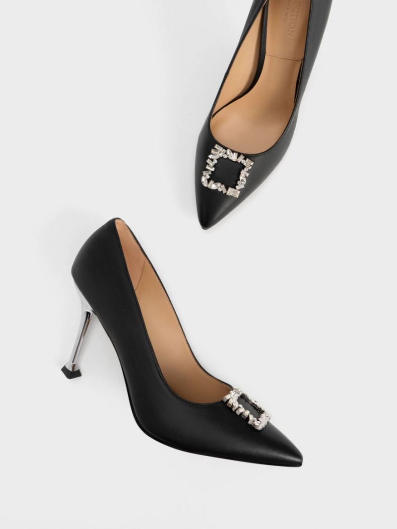 Charles And Keith Leather Gem-Embellished Pumps Black | PHILIPPINES O360