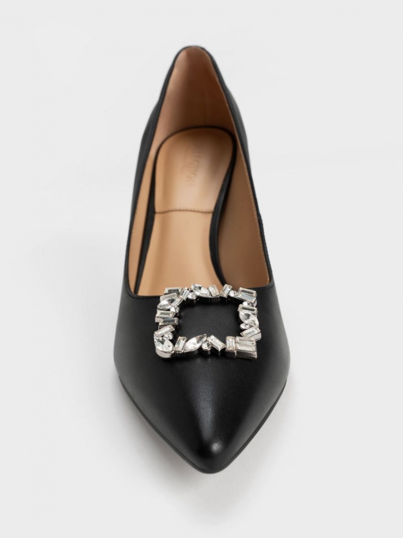 Charles And Keith Leather Gem-Embellished Pumps Black | PHILIPPINES O360