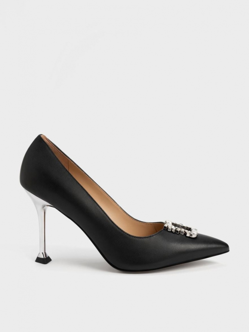 Charles And Keith Leather Gem-Embellished Pumps Black | PHILIPPINES O360