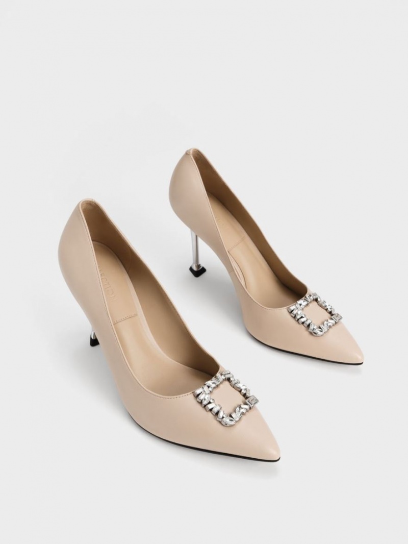 Charles And Keith Leather Gem-Embellished Pumps Beige | PHILIPPINES L567