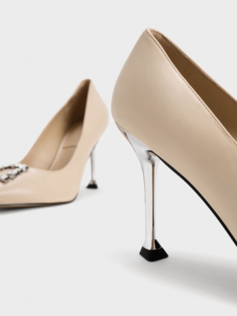 Charles And Keith Leather Gem-Embellished Pumps Beige | PHILIPPINES L567