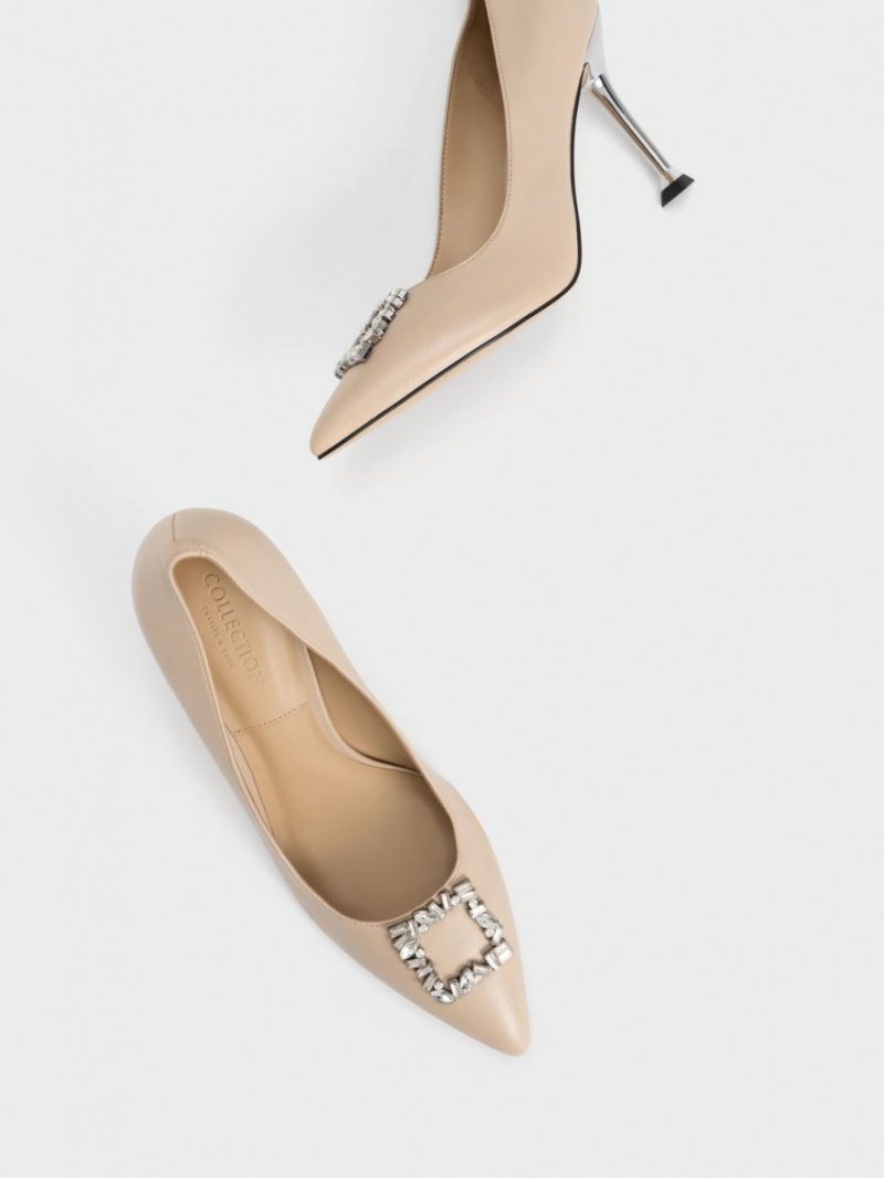 Charles And Keith Leather Gem-Embellished Pumps Beige | PHILIPPINES L567