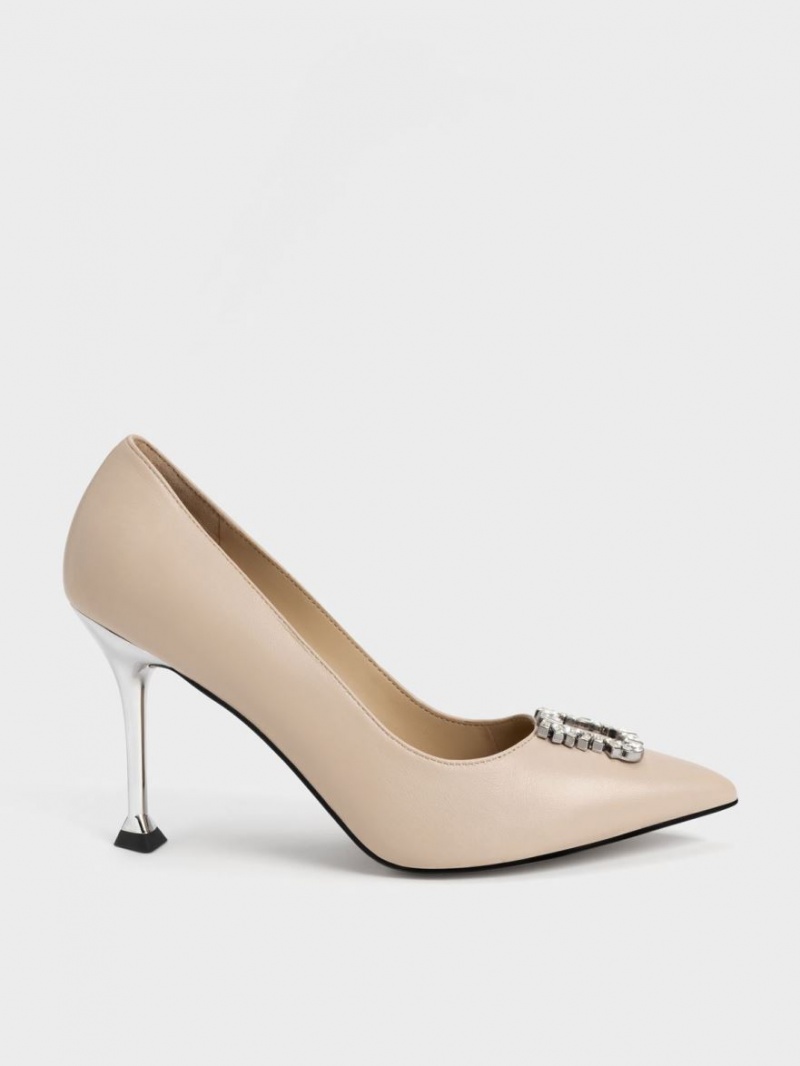 Charles And Keith Leather Gem-Embellished Pumps Beige | PHILIPPINES L567