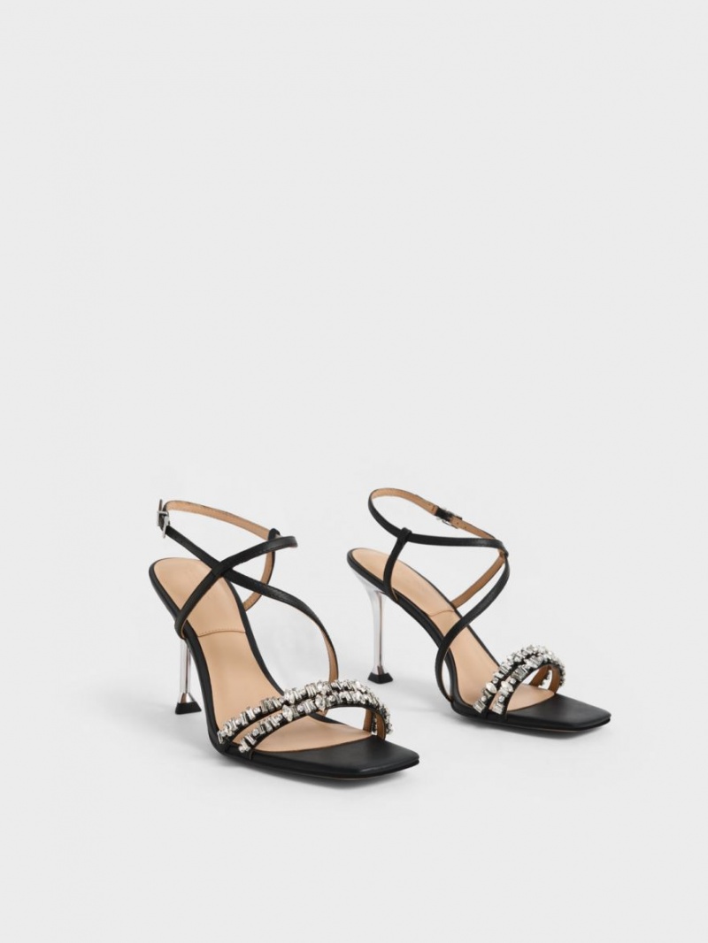 Charles And Keith Leather Gem-Embellished Strap Sandals Black | PHILIPPINES L745