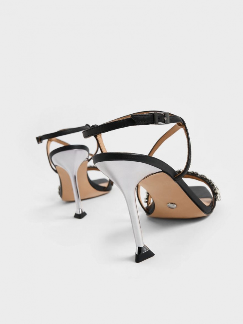 Charles And Keith Leather Gem-Embellished Strap Sandals Black | PHILIPPINES L745