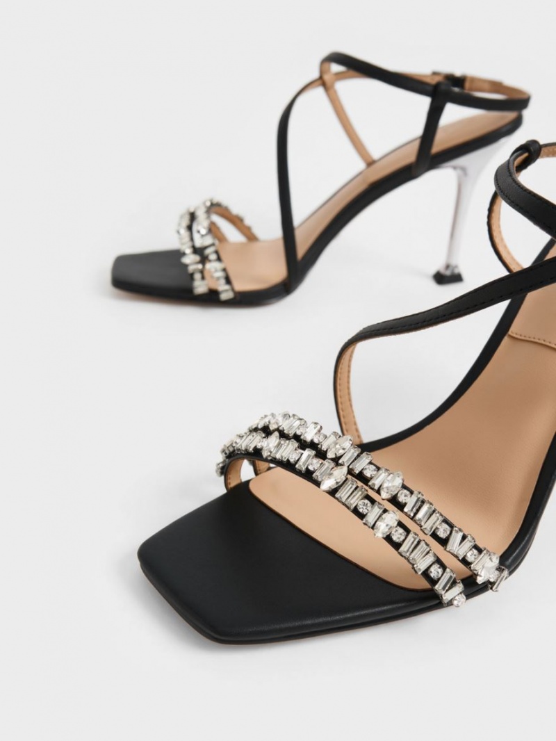 Charles And Keith Leather Gem-Embellished Strap Sandals Black | PHILIPPINES L745