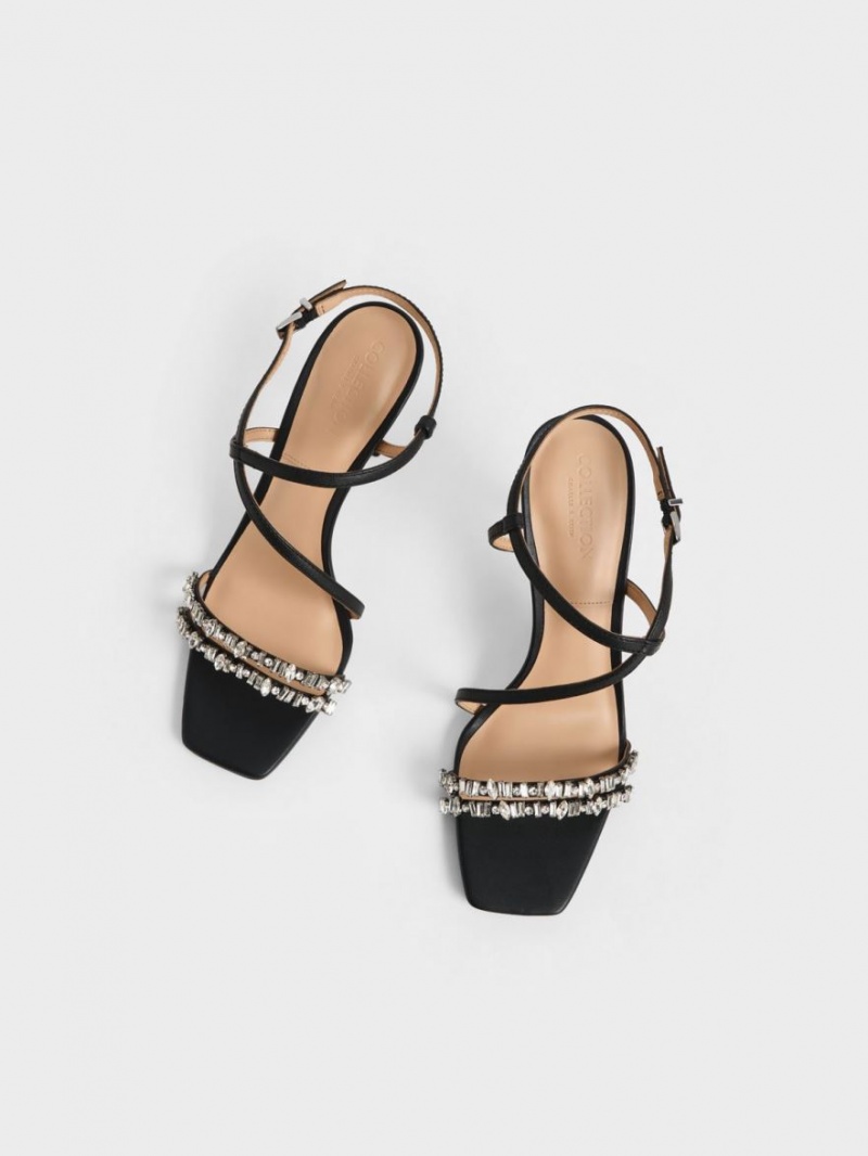 Charles And Keith Leather Gem-Embellished Strap Sandals Black | PHILIPPINES L745